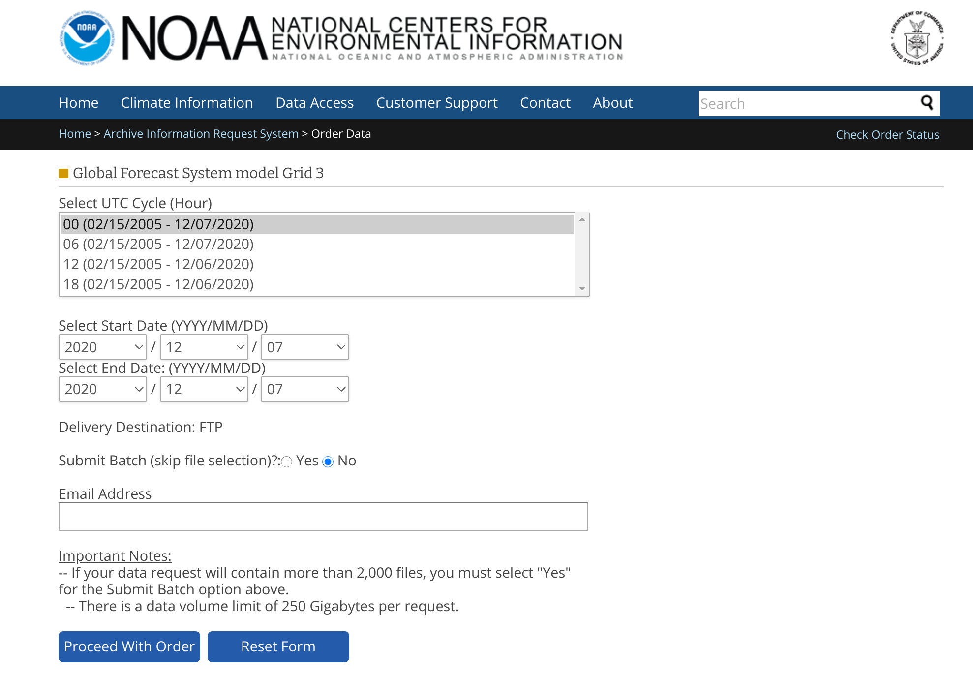 GFS AIRS Request submission page